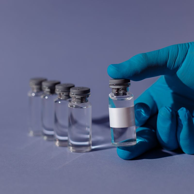 Row of sealed glass vials handled with a gloved hand